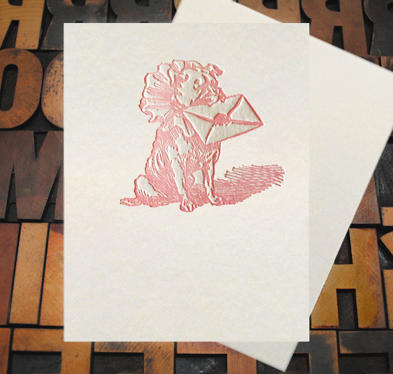 Letterpress Card with an image of a dog wearing a ruffle collar holding a letter