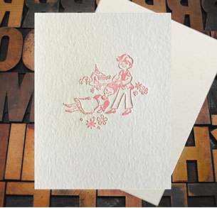 Letterpress Card with an image of a young man dragging an unconcious, yet smiling, woman by the hair towards a chapel