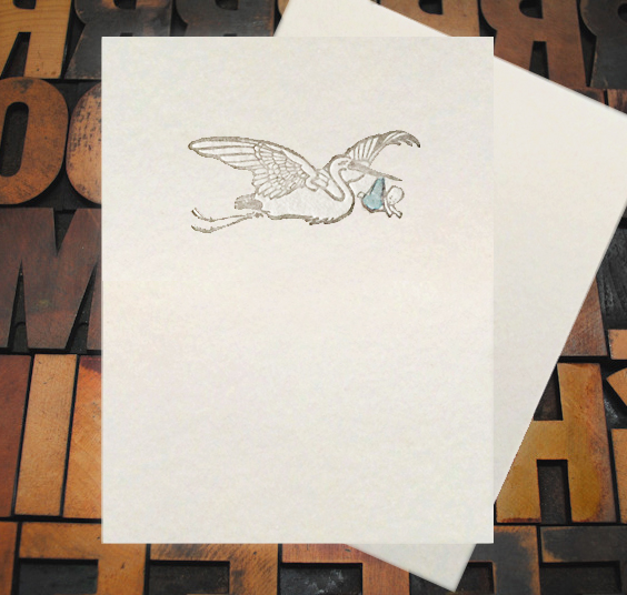 Letterpress Card with an image of a stork carrying a baby