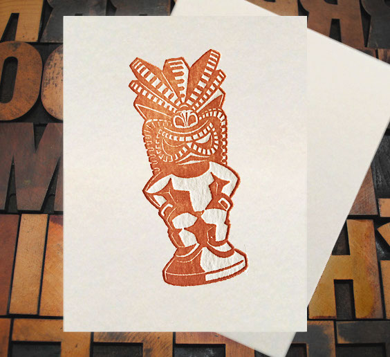 Letterpress Card with an image of a tiki statue