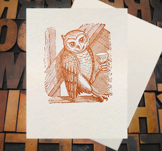 Letterpress Card with the image of an owl holding a wine glass in his foot and leaning towards the left