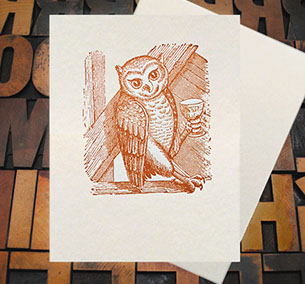 Letterpress Card with the image of an owl holding a wine glass in his foot and leaning towards the left