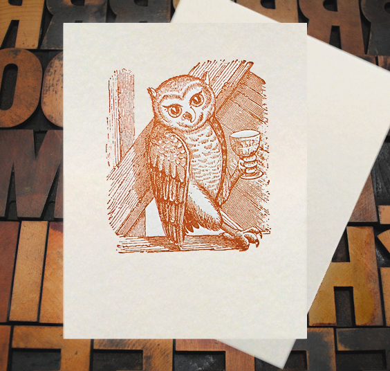 Letterpress Card with an image of a barn owl holding a champagne glass and leaning to the left