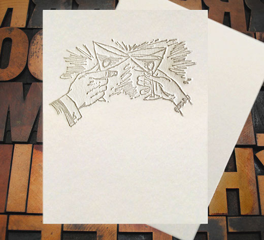 Letterpress Card with the image of two hands clinking martini glasses