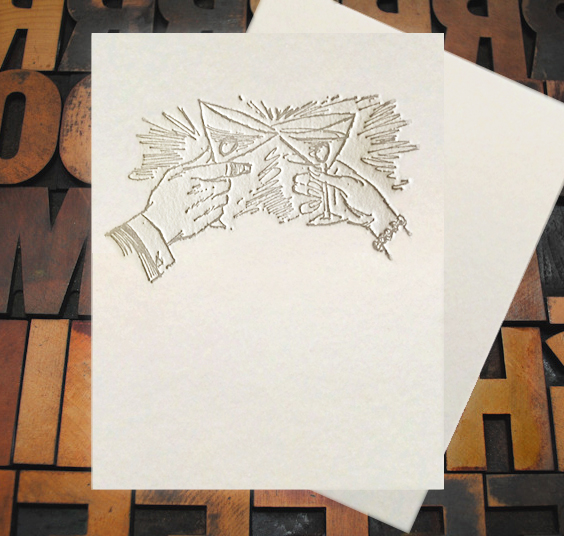 Letterpress Card with the image of two hands clinking martini glasses