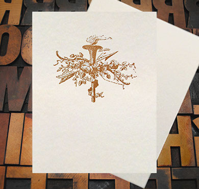 Letterpress Card with an image of a Torch, arrow, and vines