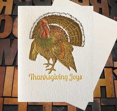 Letterpress Card with an image of a turkey and the text, "Thanksgiving Joys"