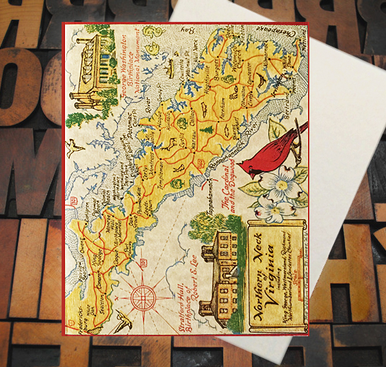 Letterpress Card with a vintage map of Northern Virginia