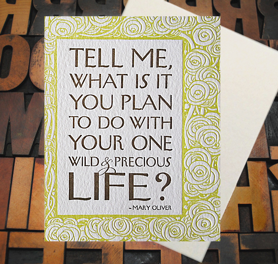 Letterpress Card with the text, "Tell me, What is it you plan to do with your wild and precious life?" surrounded by a border