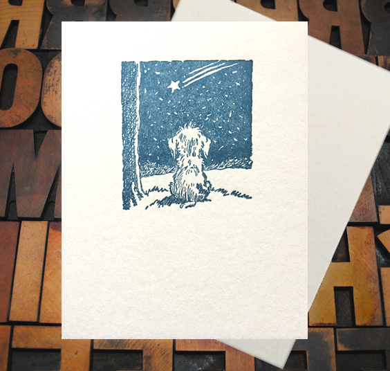 Letterpress Card with an image of a dog looking up at a shooting star