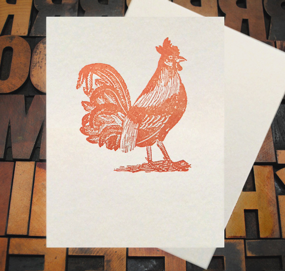 Letterpress Card with an image of a red woodblock rooster 