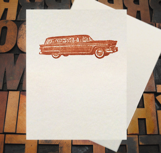 Letterpress Card with an image of a vintage woody station wagon
