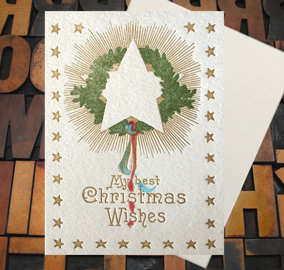 Letterpress Card with the text, "My best Christmas Wishes" and star, greenery, ribbon imagery