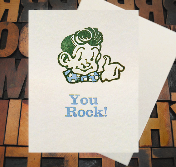 Letterpress Card with an image of a vintage kid in a bow tie with the text, "You rock!"